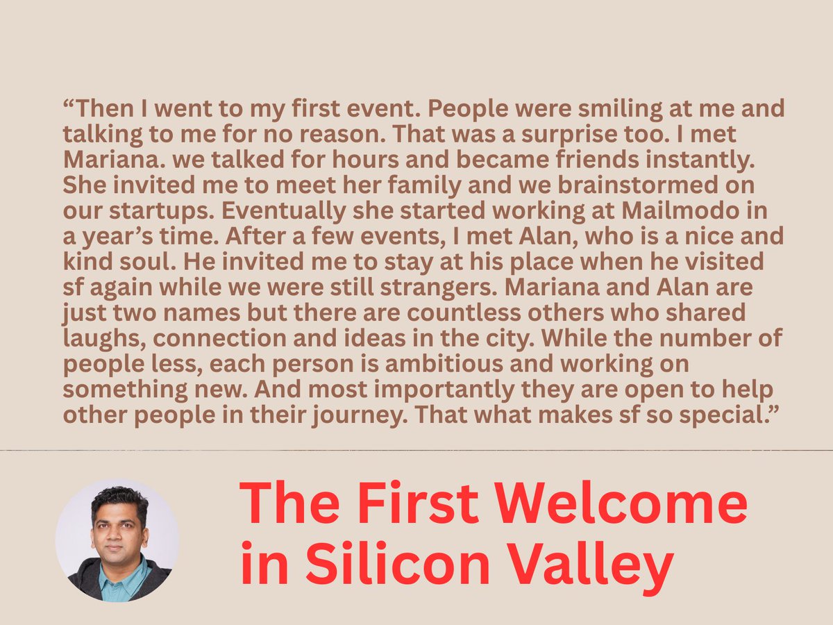 Jatin Chaudhary (@jatin10) on Twitter photo The First Welcome in Silicon Valley
(Originally published by <a href="/rj_khyati/">Khyati Brahmbhatt</a>, Lead, eChai SF on eChai Startup Stream)
Silicon Valley attracts founders from every corner of the world. They arrive with big dreams, fresh ideas, and the excitement of being at the heart of innovation. As The First Welcome in Silicon Valley
(Originally published by <a href="/rj_khyati/">Khyati Brahmbhatt</a>, Lead, eChai SF on eChai Startup Stream)
Silicon Valley attracts founders from every corner of the world. They arrive with big dreams, fresh ideas, and the excitement of being at the heart of innovation. As