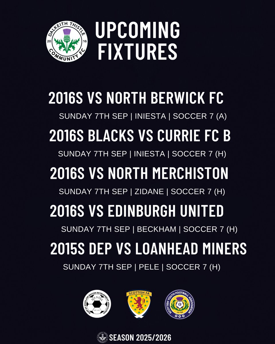 DalkeithCFC's tweet image. ⚫️⚪️ ESSDA Matchday Sunday

Another big weekend ahead for our Dalkeith Thistle @ESSDAfootball teams with plenty of matches on Sunday.

Best of luck to all our young Jags as they step onto the pitch. Enjoy the football and play with pride.

#DalkeithThistle #ESSDA