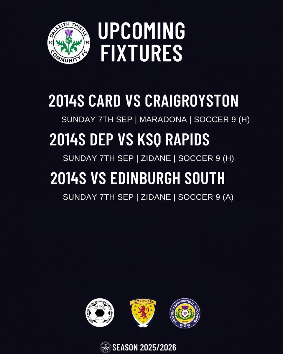 DalkeithCFC's tweet image. ⚫️⚪️ ESSDA Matchday Sunday

Another big weekend ahead for our Dalkeith Thistle @ESSDAfootball teams with plenty of matches on Sunday.

Best of luck to all our young Jags as they step onto the pitch. Enjoy the football and play with pride.

#DalkeithThistle #ESSDA