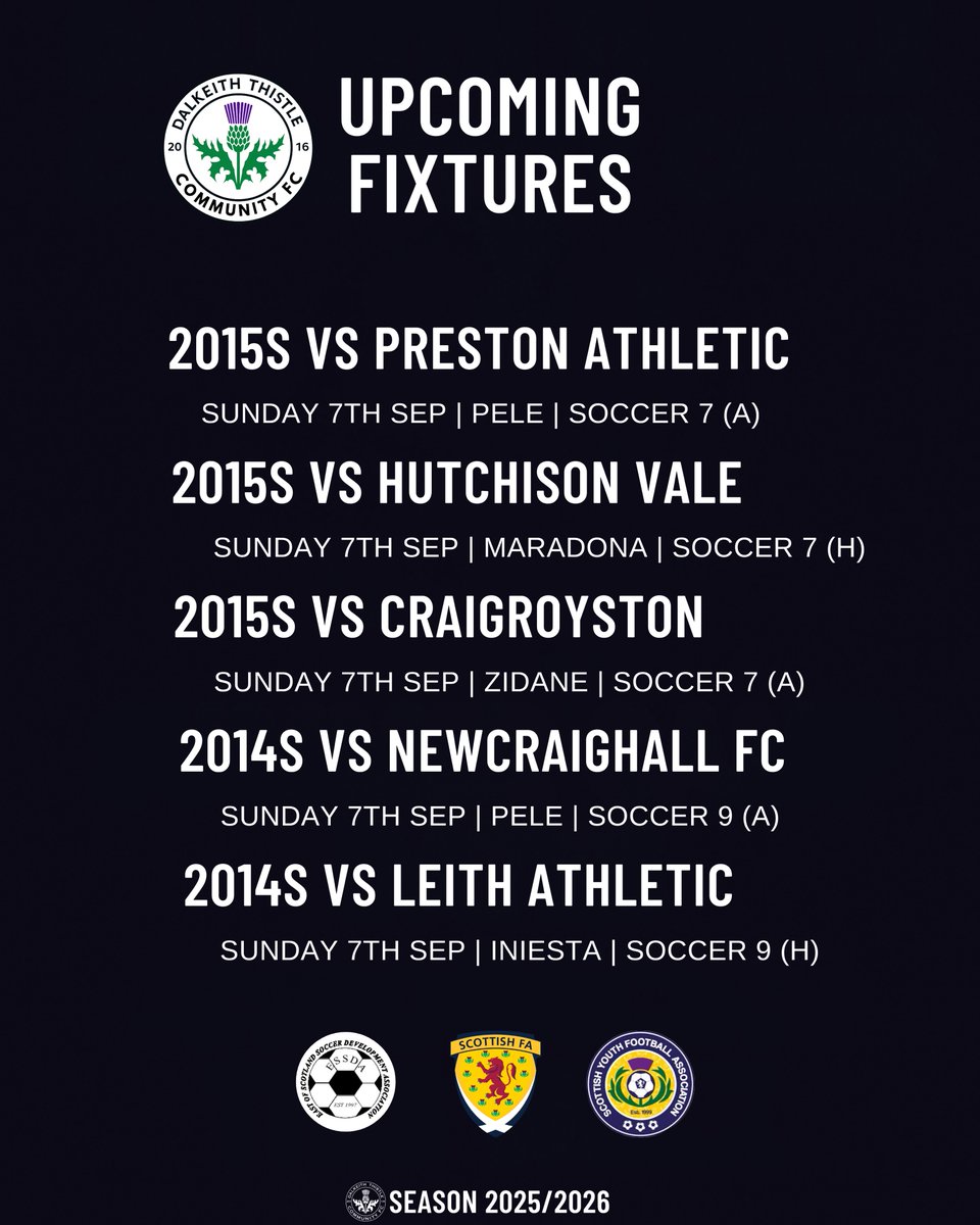 DalkeithCFC's tweet image. ⚫️⚪️ ESSDA Matchday Sunday

Another big weekend ahead for our Dalkeith Thistle @ESSDAfootball teams with plenty of matches on Sunday.

Best of luck to all our young Jags as they step onto the pitch. Enjoy the football and play with pride.

#DalkeithThistle #ESSDA