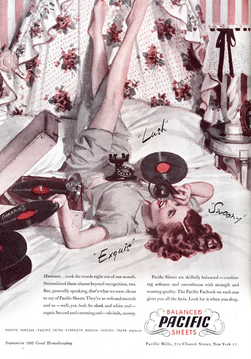 LRonLacy's tweet photo. In #GoodHousekeeping in #SEPTEMBER 1945
‘Lush’ - ‘Swoony’ - ‘Exquis’
Illustration by John Gannam (1907-1965)
Pacific Sheets. *Good Housekeeping*, September 1945.
#illustration #illustrationart #illustrationartists #JohnGannam #hipsterslang #slang #PacificSheets https://t.co/9GscJKhdID