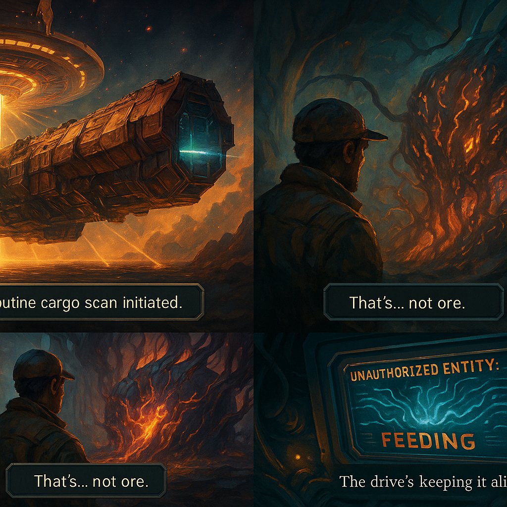 #TapStarTycoon #Daily_Cipher
 2025-09-11 Clue: CARGO, DRIVE, SCAN
Sci-Fi Mini Story

English:
In the asteroid belt, the freighter Atlas Run carried forbidden cargo hidden deep within its quantum drive. Routine scans at a checkpoint revealed more than smuggled ore—the cargo was