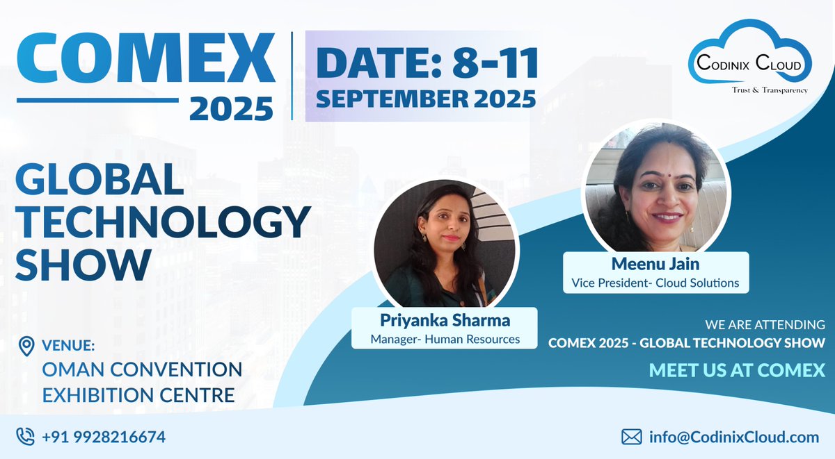 CodinixCloud's tweet image. Codinix Consulting Services Attending COMEX 2025 Global Technology Show

#COMEX2025 #technologyexhibition #oman #digitaltransformation #innovation #collaboration #codinixcloud #meetus