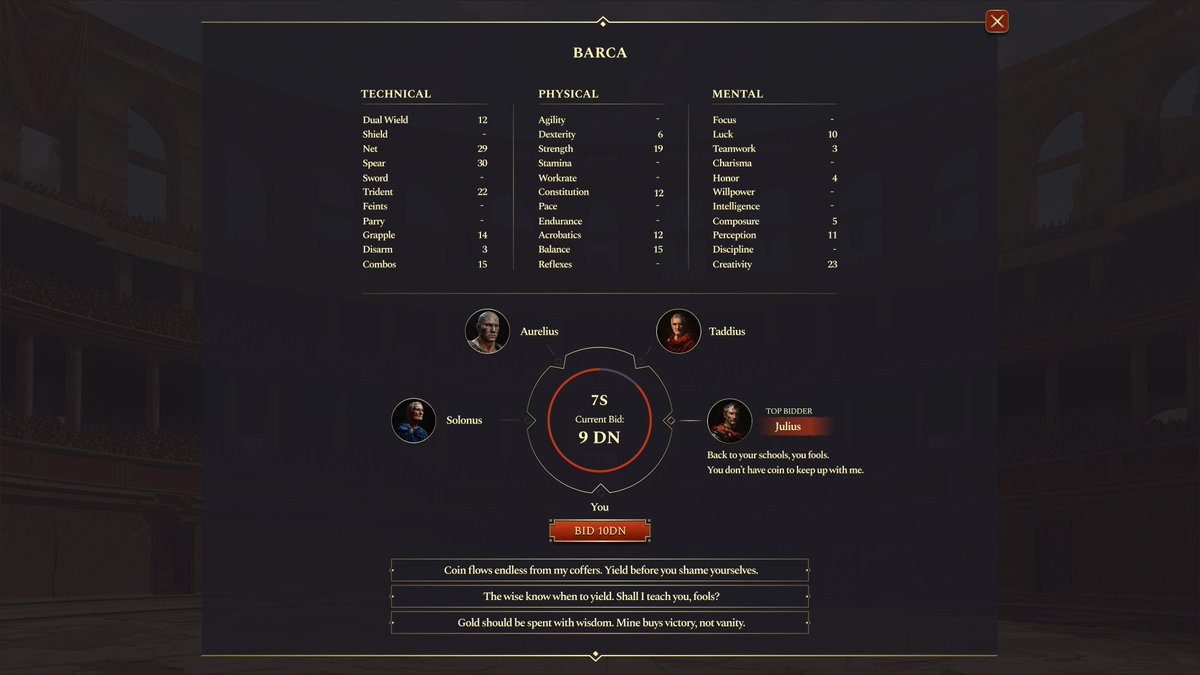 GladiatorumGame's tweet image. Every recruit is a gamble. Every bid, a mindgame. 
How would you play it?