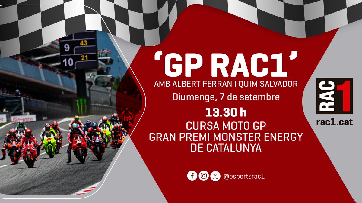 EsportsRAC1's tweet photo. 🏍️ El GP de Catalunya a RAC1!
⏰ Des de les 13.30 h, viu en directe el Gran Premi de Catalunya de MotoGP amb @Albert_FF, @quimsalvador, @alexpintanel i els comentaris de @ra_forcada 🏁
#⃣ #gprac1 https://t.co/49XZcEVw4M
