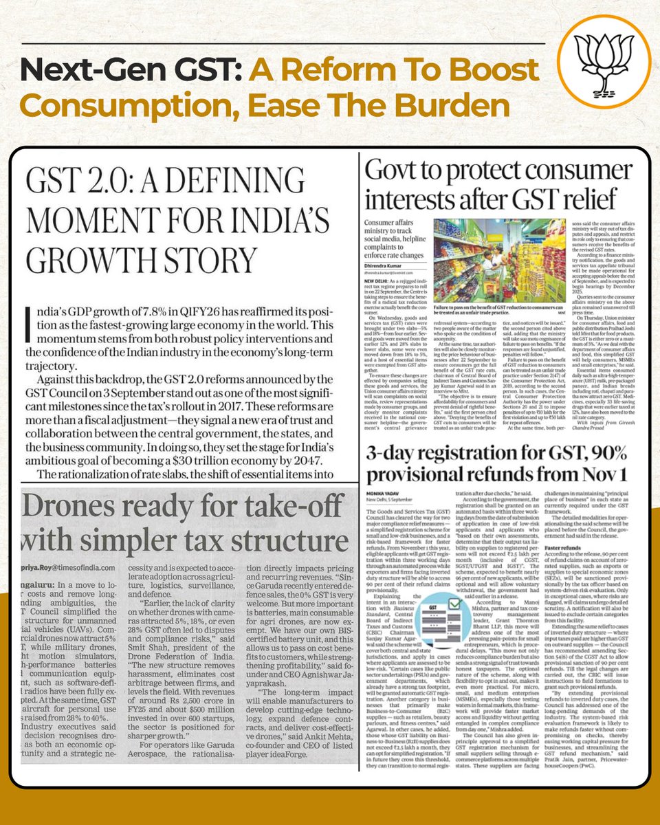 RadheyshyamBJP's tweet image. The latest GST reforms from Modi Govt are poised to catalyse domestic consumption by streamlining compliance, rationalising rates, and enhancing purchasing power. It&apos;s a thoughtful stride towards a more equitable and consumption-driven economy. 

#NextGenGST #EconomicReform
