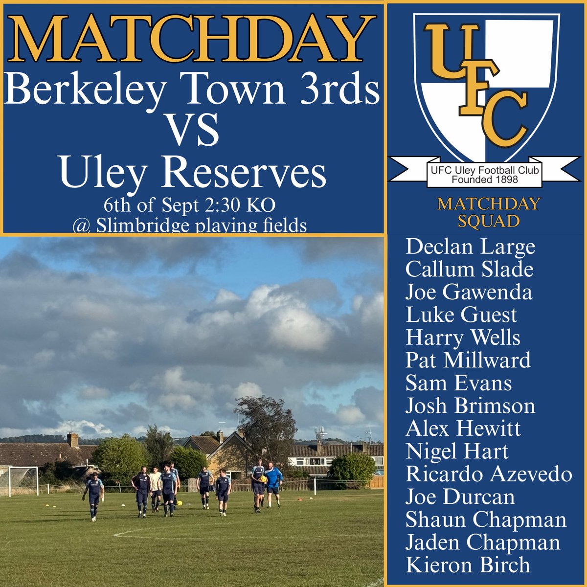 MATCHDAY🎉

🏆<a href="/Stroud_League/">Stroud & District Football League</a> 
🆚<a href="/berkeleytownfc/">Berkeley Town FC</a> 
📅 Saturday 6th September
🏟️ Slimbridge playing fields GL2 7DB
🔵UTU⚪️