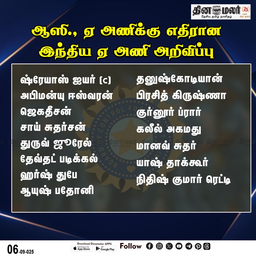 dinamalarweb's tweet image. ஆஸி., ஏ அணிக்கு எதிரான
இந்திய ஏ அணி அறிவிப்பு
#teamIndia | #squad | #announced | #Australiatour | #cricket 
dinamalar.com