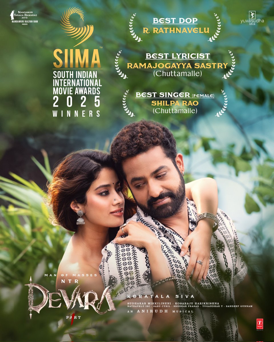 YuvasudhaArts's tweet photo. From stunning visuals to soulful melodies… ❤️

#Devara bags 3 @siima awards for Best DOP @RathnaveluDop, Best Lyricist @ramjowrites and singer @shilparao11 for everyone’s favourite #Chuttamalle ❤️‍🔥🤩

An @anirudhofficial Musical 🎶 

Man of Masses @tarak9999 #KoratalaSiva #SaifAliKhan #JanhviKapoor @YuvasudhaArts @NTRArtsOfficial @DevaraMovie @Tseries @tseriessouth