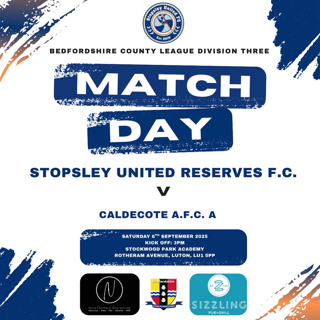StopsleyUtdRes's tweet photo. Ladies and gentlemen, it's matchday!

⬇️ Match Details ⬇️

🆚Caldecote A F.C.
🏆 Beds County Division Three
📅 Saturday 6th September 2025
🕒 Kick Off: 3pm
📍 Stockwood Academy 3G, LU1 5PP

🔵#UpTheStops // #StopsleyUnited //#BedsCounty // #NonLeague // #Luton // #Bedfordshire 🔵 https://t.co/9P8DyG22ia
