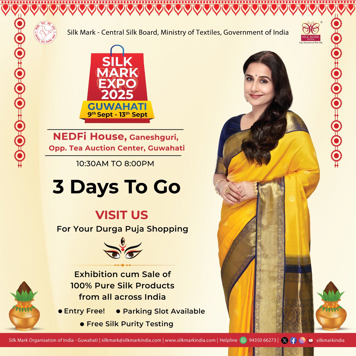 silkmarkindia's tweet image. Only 3 Days to Go! The wait is closing in… Silk in its purest form, sarees that shine, fabrics that whisper stories, colors that breathe heritage. Guwahati, step into trust and tradition at the Silk Mark Expo 2025.
📍NEDFI House | 🗓️ 9–13 Sept
#SilkMark #PureSilk