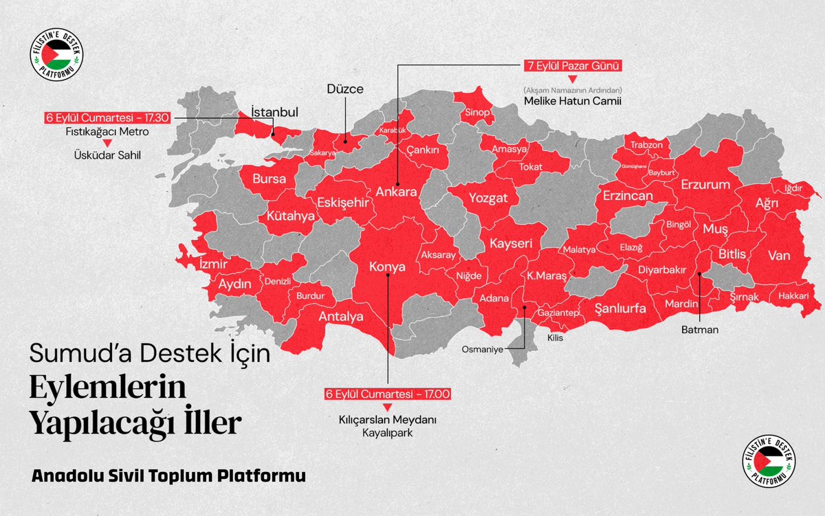 “Hem karada hem denizde...
Sumud için buluşuyoruz, Sumud için haykırıyoruz.
40’tan fazla şehrimizle tek vücut oluyoruz.”