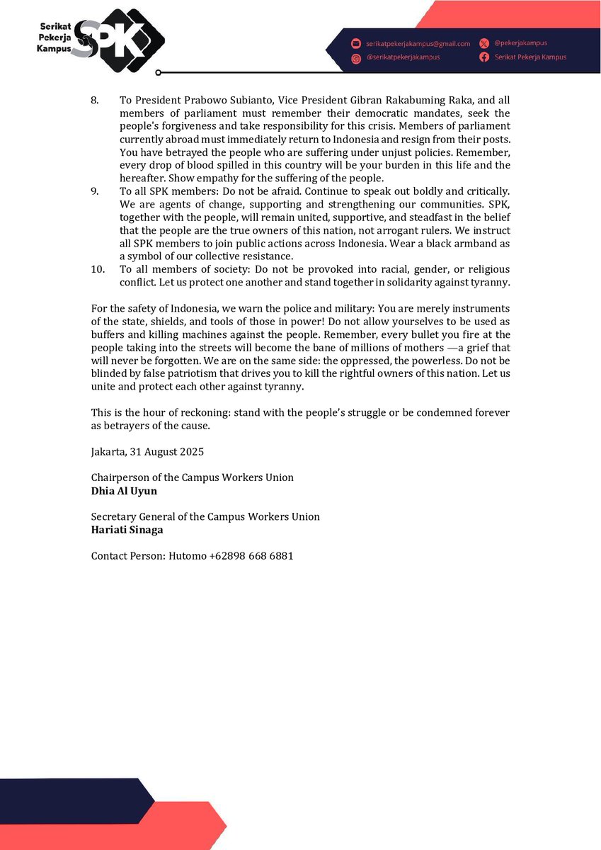 STATEMENT OF THE INDONESIAN CAMPUS WORKERS' UNION (SPK)

SPK has issued a statement regarding the recent unrest in Indonesia, which involved widespread riots, police repression, and the arrests of numerous activists and protesters.