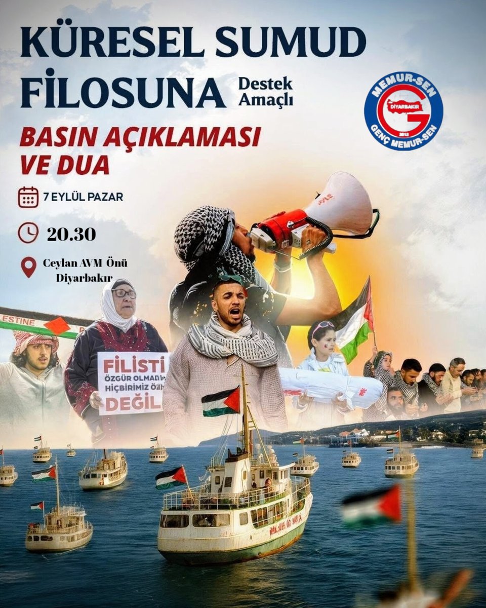 Diyarbakır İslami STK'ları Olarak  Küresel Sumud Filosunu Selamlamak İçin 7 Eylül Pazar Günü Saat 20.30 'da Ceylan AVM önünde buluşuyoruz.
Tüm halkımızı davet ediyoruz.