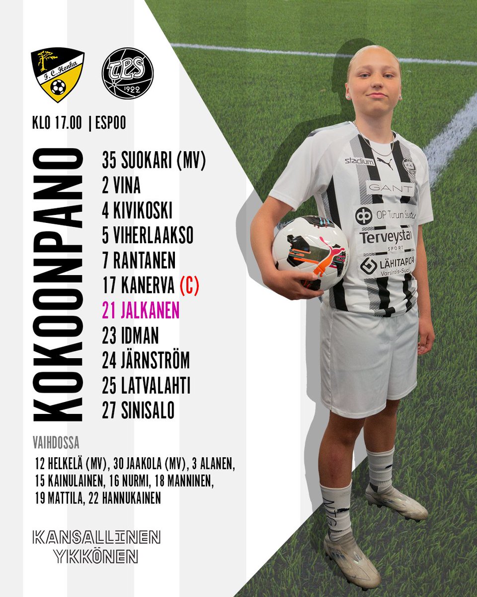⚫️ TPS TÄNÄÄN ⚪️

Päävalmentaja Petri Haapasalo on nimennyt kokoonpanon Kansallisen Ykkösen otteluun FC Honka – TPS.

#FCTPS #KansallinenYkkönen