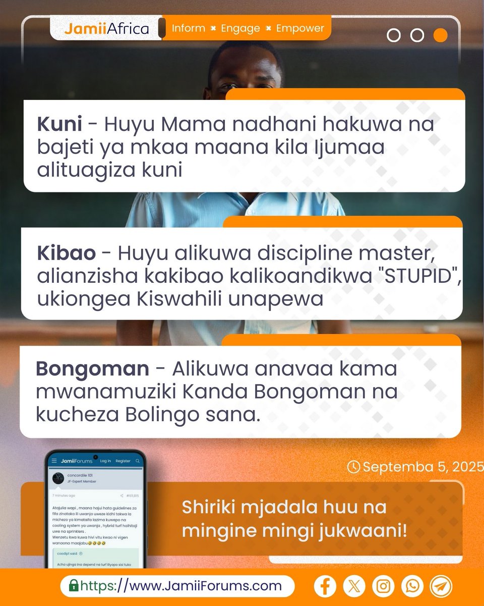 JamiiForums's tweet image. Turejee enzi zile za shule, pale tulipowapa Walimu wetu majina ya utani yaliyojaa ubunifu na ucheshi, bila shaka kila mmoja anakumbuka jina moja au mawili yaliyobaki kuwa kumbukumbu zetu mpaka leo.

Kushiriki mjadala jamii.app/MajinaWalimuUt…

#JamiiAfrica #JamiiForums #JFChitChat