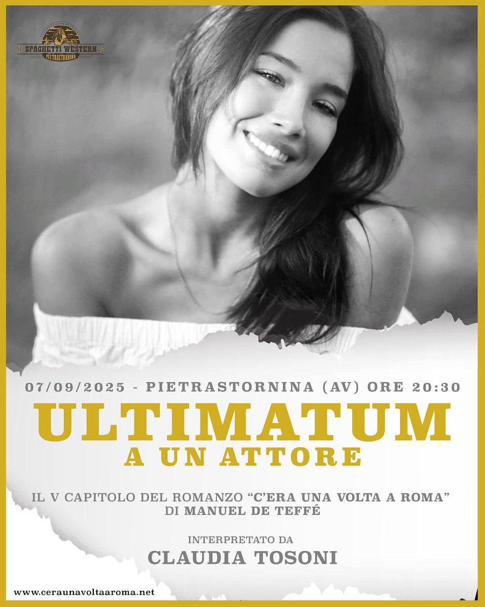 Domani sera alle 20:30, sul palco del festival di Pietrastornina, l’attrice romana Claudia Tosoni leggerà il quinto capitolo di “C’era una volta a Roma”… Manuel de Teffé  #ceraunavoltaaroma #anni60 #dolcevita #spaghettiwestern #anthonysteffen #romanzo www.ceraunavoltaaroma. net