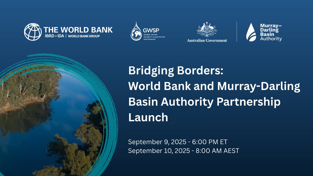 WorldBankWater's tweet photo. Sept 9 | 6:00 PM ET

Based on Australia’s experience in water governance, a new partnership between @WorldBank &amp; @MD_Basin_Auth endeavors to share experiences, innovations &amp; lessons learned in transboundary water management.

Join us for the launch event: https://t.co/9xoGyNBuuC https://t.co/VcLsx2NfEX