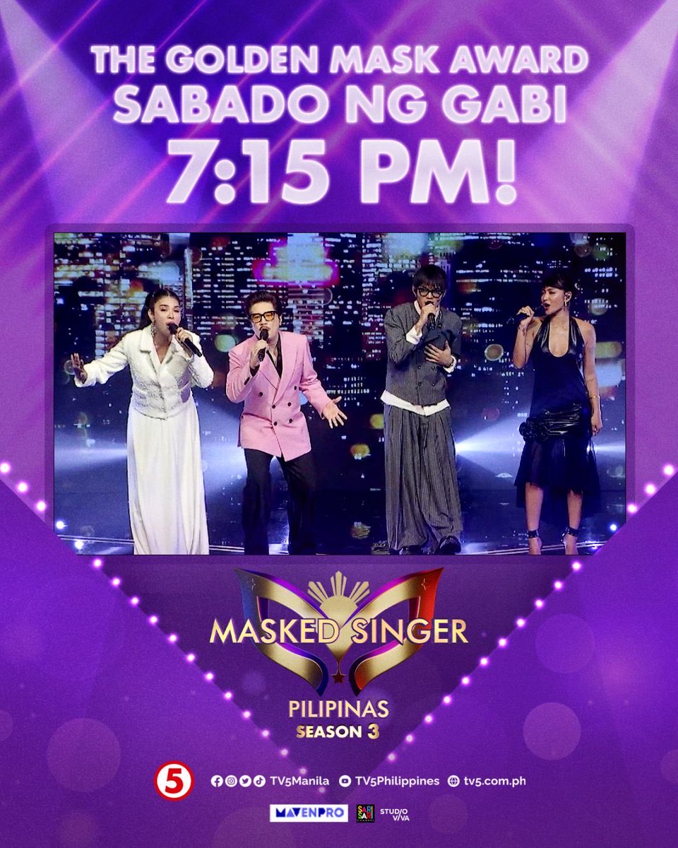 maskedsinger_ph's tweet photo. Handa ka na ba sa round 2 Golden Mask award? Ngayong gabi na!

📺 Masked Singer Pilipinas Season 3 sa TV5
📆 Tuwing Sabado, 7:15PM at Linggo, 7:45PM
🎤 Pagkatapos ng Vibe!

#MaskedSingerPilipinas #MSP3rdGOLDENMASKEDAWARDS #NadineLustre #ArthurNery #JannoGibbs #PopsFernandez  #TV5 https://t.co/qhZQ8zAooz