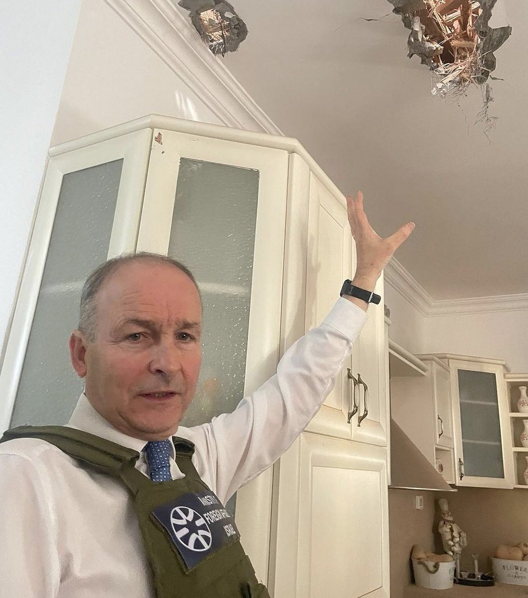 Micheál Martin participated in PR stunt for Israel, suggesting an equivalency between damaged ceilings and the ongoing IDF campaign of genocidal violence in Gaza. Few, if any, of the people now criticising Catherine Connolly for visiting Syria as an observer during a war cared.