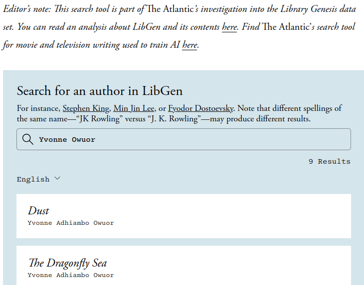 komu_wairagu's tweet photo. Anthropic has agreed to pay $1.5billion for pirating books/etc. 
You can use this link(https://t.co/PKeHQOlVAO) to check if your work MIGHT have been impacted. 
Then you can use the link in thread to contact the plaintiff's attorneys. 
I can see Meja Mwangi, Y. Owuor, M. Akech https://t.co/RDhuxLob9x