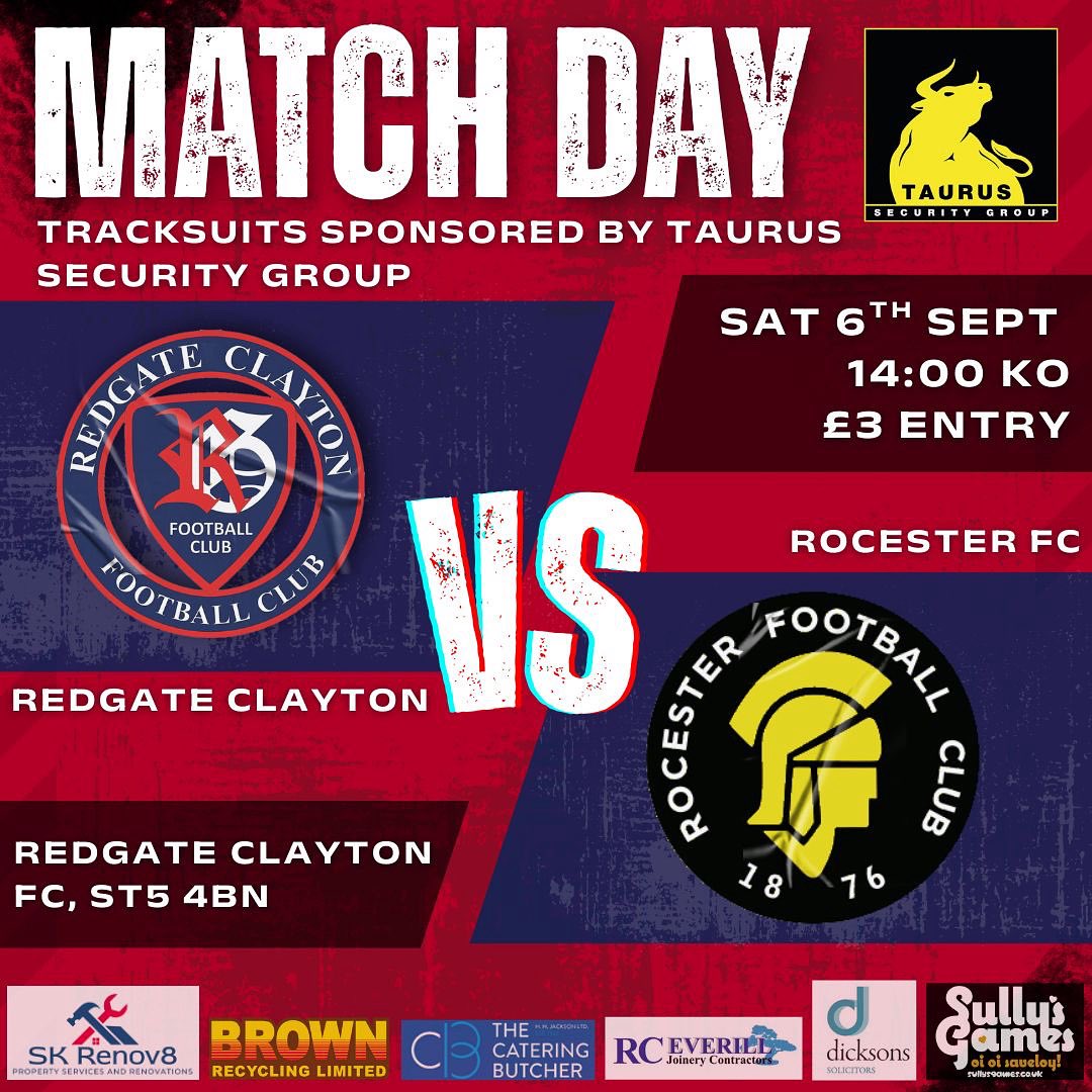 ⚽️ Redgate Clayton vs Rocester
📅 Saturday 6th September
🍔 Cafe &amp; Bar
🕐 14:00 KO
📍 Redgate Clayton, Northwood Lane, ST5 4BN
🎟️ £3 Entry