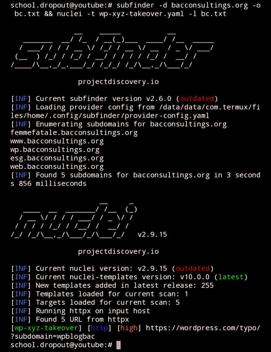 viehgroup's tweet image. Subdomain Takeover Detection  with Subfinder &amp;amp; Nuclei

Using wordpress takeover detection for nuclei template

subfinder -d target -o target &amp;amp;&amp;amp; nuclei -t wp-xyz-takeover[.]yaml -l target

- github.com/schooldropout1… 

#infosec #cybersec #bugbountytips #bugbounty