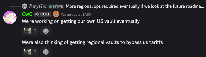 관세 회피를 위해 US vault 및 지역별 vault 설립을 논의하는 Discord 스크린샷