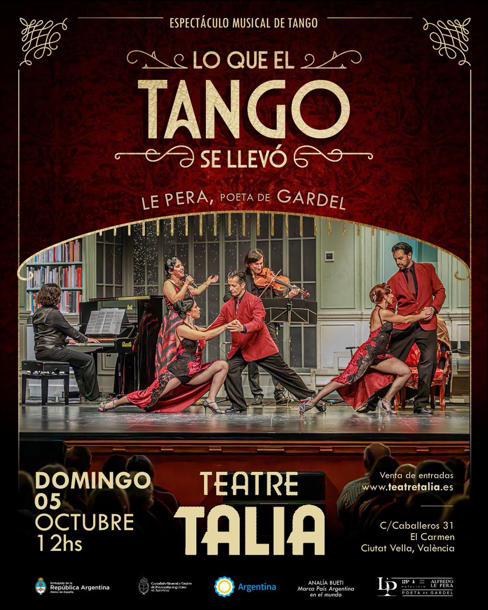 ✨ ¡El tango vuelve al gran escenario ! ✨🎶
El Teatre Talia de Valencia  recibe el gran espectáculo “Lo que Tango se llevó”.
Música, canción y danza de la manos de grandes artistas 
📍 Teatre Talia 
📅 5 de octubre - 12:30 hs
teatretalia.es/lo-que-el-tang…