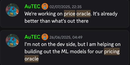 가격 오라클과 ML 모델 개발을 논의하는 Discord 스크린샷