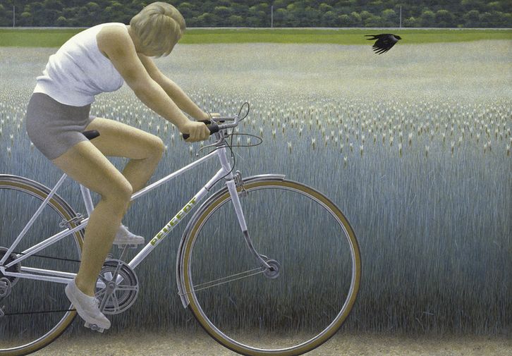Alex Colville 🎨
Cyclist and Crow,   1981.