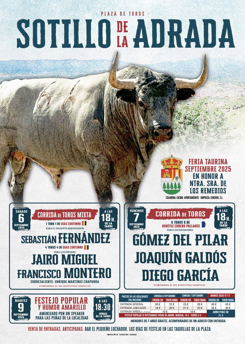 Portal Taurino (@portaltaurino) on Twitter photo Sotillo de la Adrada hoy primera de Feria Virgen de los Remedios mixta reses Días Coutinho para Sebastián <a href="/SebitaFM/">sebastian fernandez </a> Fernández, y a pie <a href="/JairoMiguel_/">Jairo Miguel</a> y <a href="/Monterotorero/">Francisco Montero</a> <a href="/portaltaurino/">Portal Taurino</a> Sotillo de la Adrada hoy primera de Feria Virgen de los Remedios mixta reses Días Coutinho para Sebastián <a href="/SebitaFM/">sebastian fernandez </a> Fernández, y a pie <a href="/JairoMiguel_/">Jairo Miguel</a> y <a href="/Monterotorero/">Francisco Montero</a> <a href="/portaltaurino/">Portal Taurino</a>