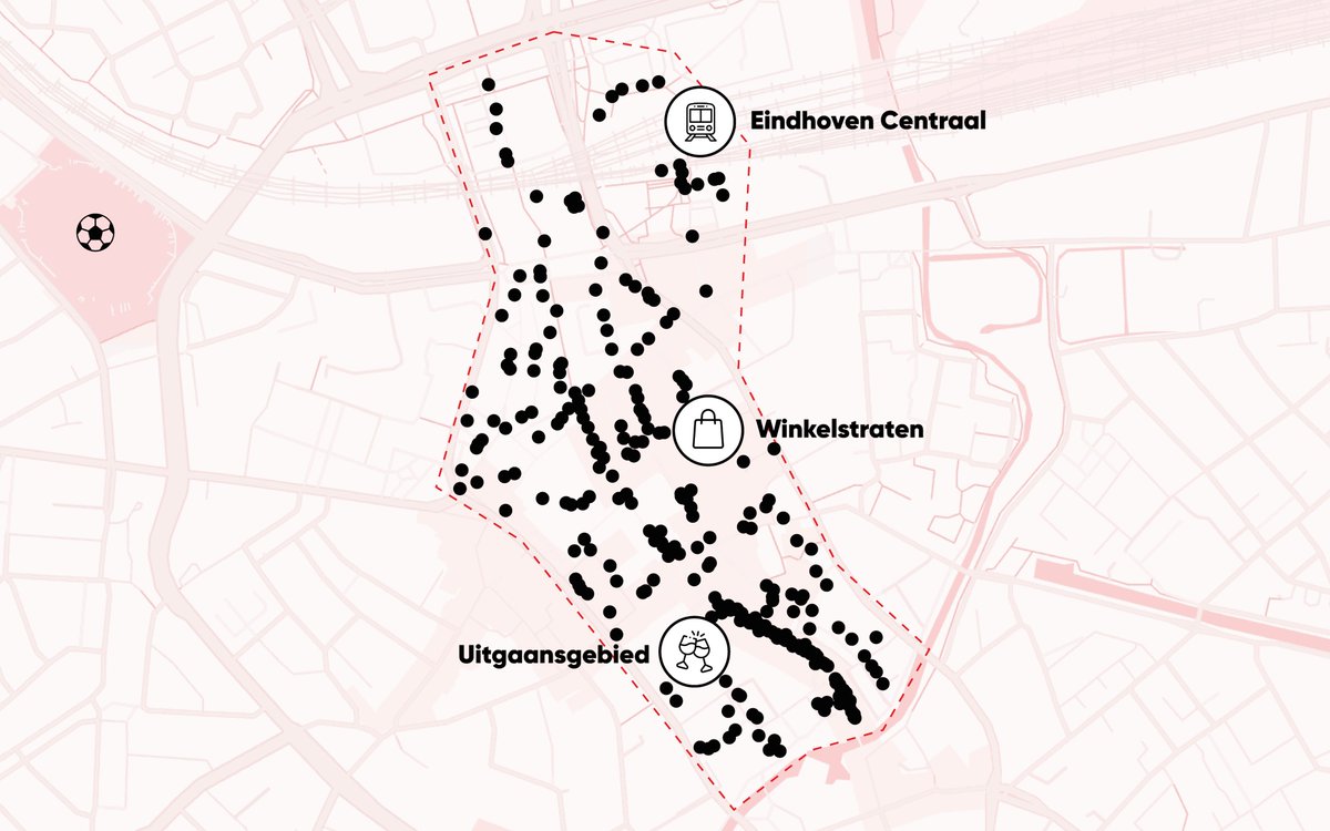 Op deze plekken in de Eindhovense binnenstad hangen camera’s. Van de gemeente, van winkels, van particulieren. Het gevolg: je kunt niet meer door het centrum wandelen zonder op ten minste één camera te zien te zijn. En we zijn er met z’n allen aan gewend geraakt.