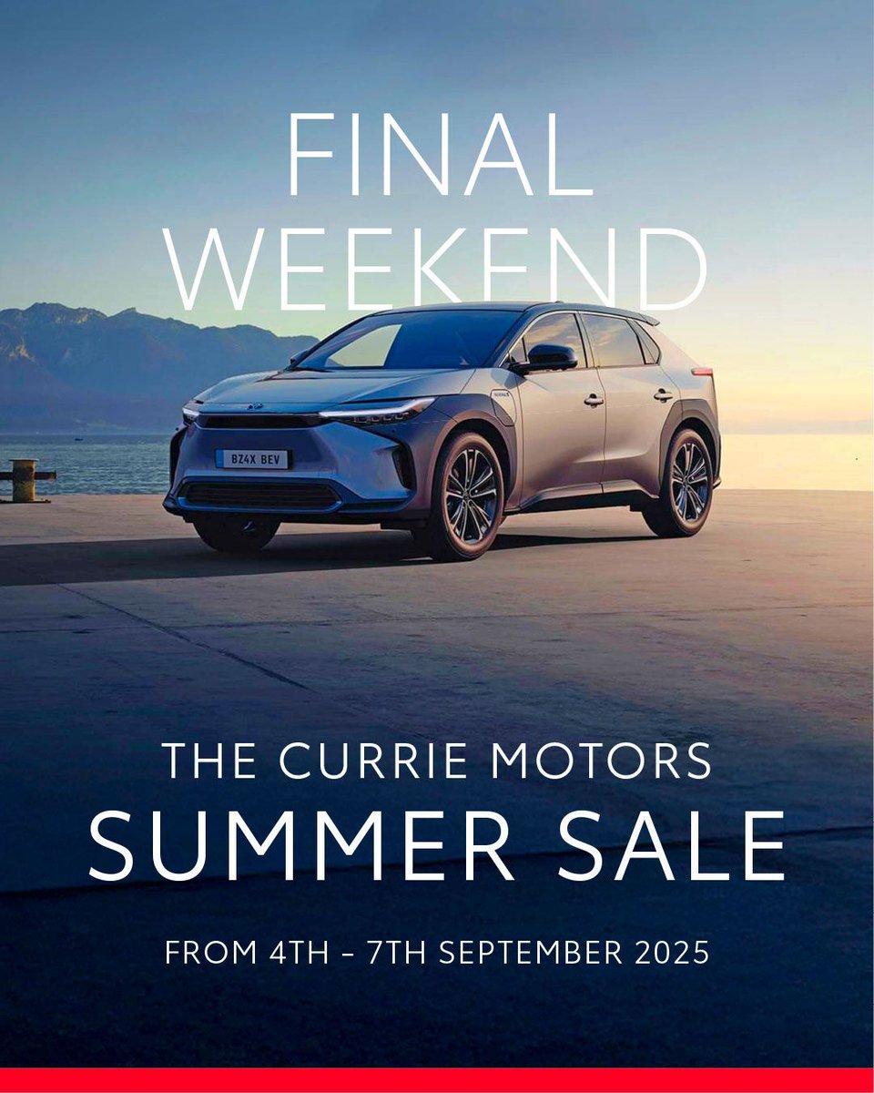 CurrieMotors's tweet image. 📣🚘 The Currie Motors Summer Sale is ENDS TOMORROW! 📣🚘

Up to £7,750 CONTRIBUTION on new models, £500 OFF or 50% OFF a 2 year service package with every Approved Used model.

curriemotors.co.uk/events/toyota-…

*T&amp;amp;Cs apply.

#FinalWeekend #EndsTomorrow #SummerSale #Sale #ToyotaEvent