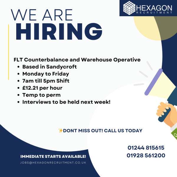 Looking for a new role? We've got an exciting opportunity for an FLT Counterbalance and Warehouse role based in Sandycroft.