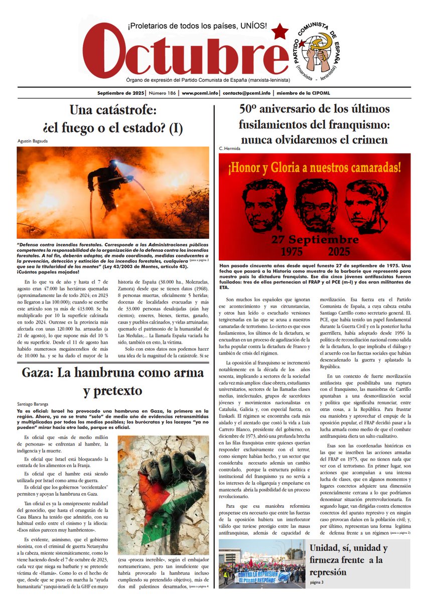 #PeriódicoOctubre Ya disponible la edición de septiembre de 2025 de nuestro órgano de expresión. Un número especialmente dedicado a nuestros camaradas asesinados por el terrorismo fascista de Estado hace ahora 50 años. HONOR Y GLORIA A NUESTROS CAMARADAS pceml.info/wp-content/upl…