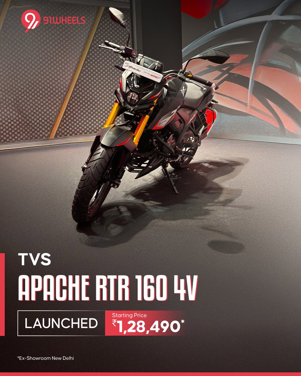 91wheels's tweet photo. TVS Apache RTR 160 4V Launched at Rs. 1.28 Lakh!
#Apache20Years #TVSApacheSeries
#RacingDNAUnleashed
#TVSApache #BuildTheWin
#tvsmotorcompany https://t.co/k0jnA7TRSf