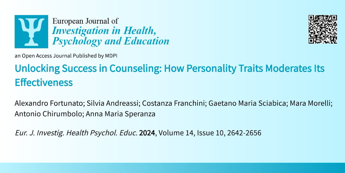EJIHPE_MDPI's tweet image. 🥳Welcome to read👉#HighlyCitedPaper #UnlockingSuccess in #Counseling: How #PersonalityTraits Moderates Its #Effectiveness🗞️by🧑‍💼Dr. A. Fortunato et al.:📍mdpi.com/2254-9625/14/1… #psychologicalcounseling #universitycounselingservices #universitycounselingeffectiveness #depression