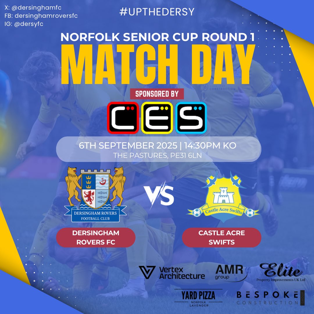 MATCHDAY #7 🏡

We host Premier Division Castle Acre in the Norfolk Senior Cup. A tough test ahead against the visitors! 

Hot food hospitality and fully stocked bar open from 1.30pm! Join us with two games on show!

#UPTHEDERSY 💙💛🖤