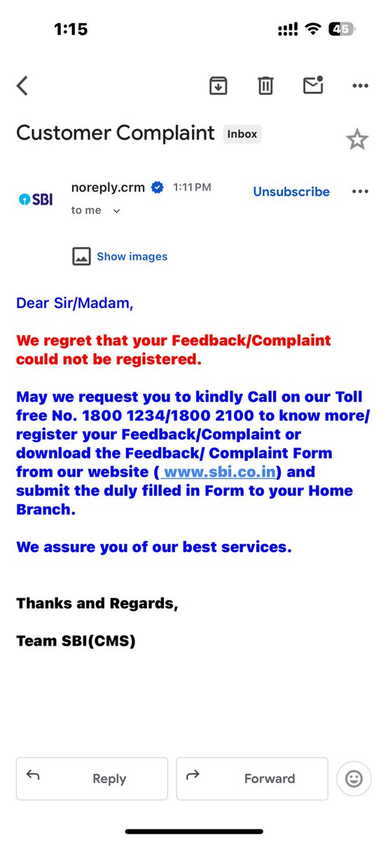 shashiiet's tweet photo. @TheOfficialSBI Really very good complaint service by SBI, after filling all my details regarding complaint on CRM portal of SBI i am
Receiving below email, what a fast service by SBI, proud to be SBI customer 🙁🙁🙁 https://t.co/wm88TO7G8A
