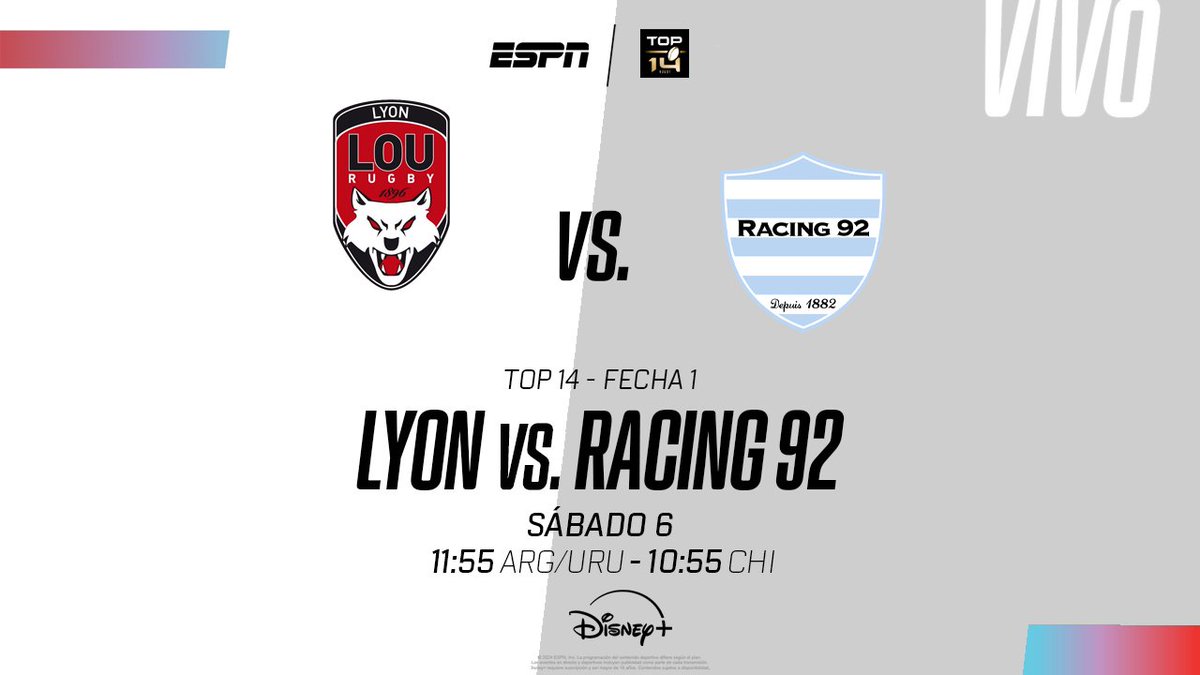 #TOP14 | YA! Junto a <a href="/EuseGuinazu/">Euse Guiñazu</a>, compartimos el encuentro entre #Lyon y #Racing92 en el aire de #DisneyPlus! También disponible en ESPN 3. 🏉⭐

Miralo en @DisneyPlusLA
➡️ tinyurl.com/4jancwpz
