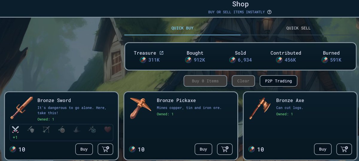 𝟮/ 𝗧𝗵𝗲 𝗶𝗻-𝗴𝗮𝗺𝗲 𝗲𝗰𝗼𝗻𝗼𝗺𝘆

🎮Play for fun
💰Play to earn

All characters + items = NFTs

Sell them for crypto: 
✅In-game quick buy/sell
✅P2P orderbook
✅Marketplace on Paintswap

And yes, you can also directly earn BRUSH in Clan Wars