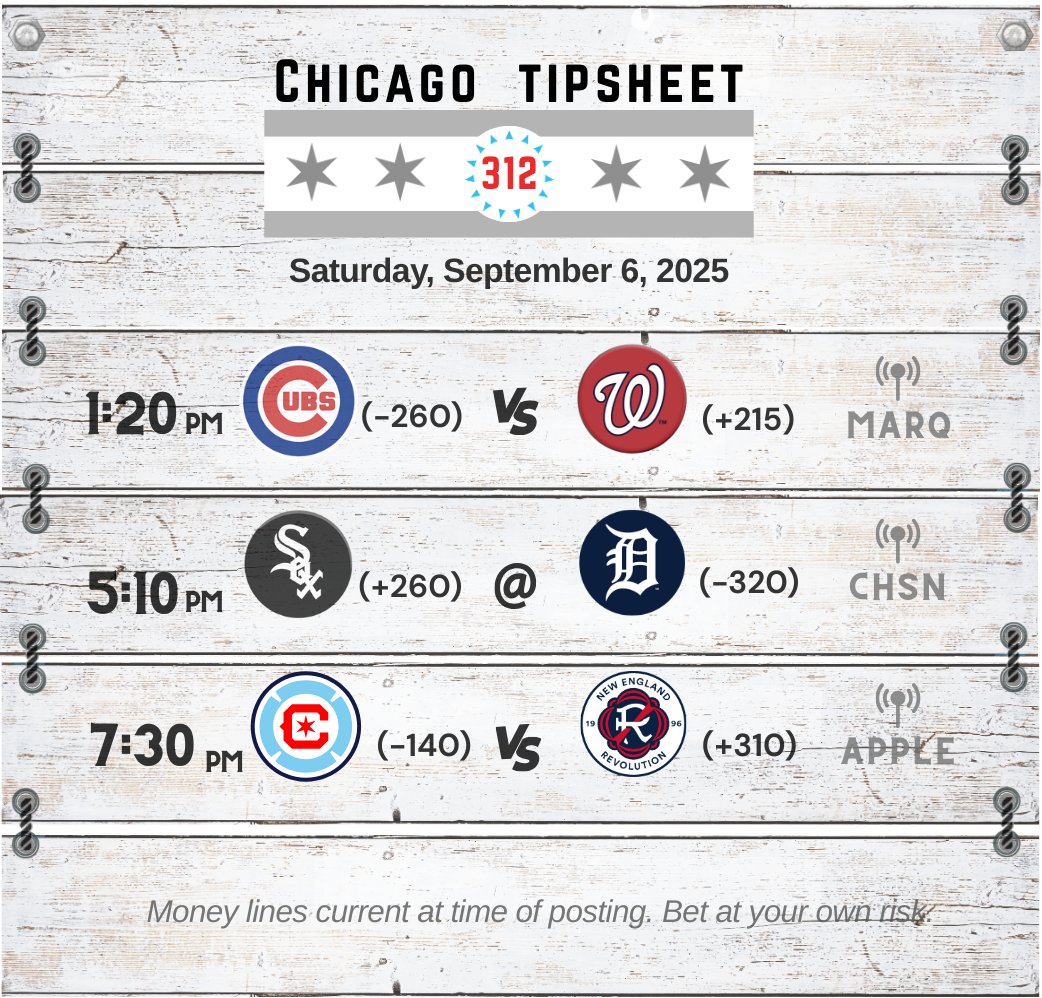 ChicagoTipsheet's tweet image. Chicago Sports for Saturday, September 6, 2025
@Cubs @whitesox @MLB @ChicagoFire @MLS
