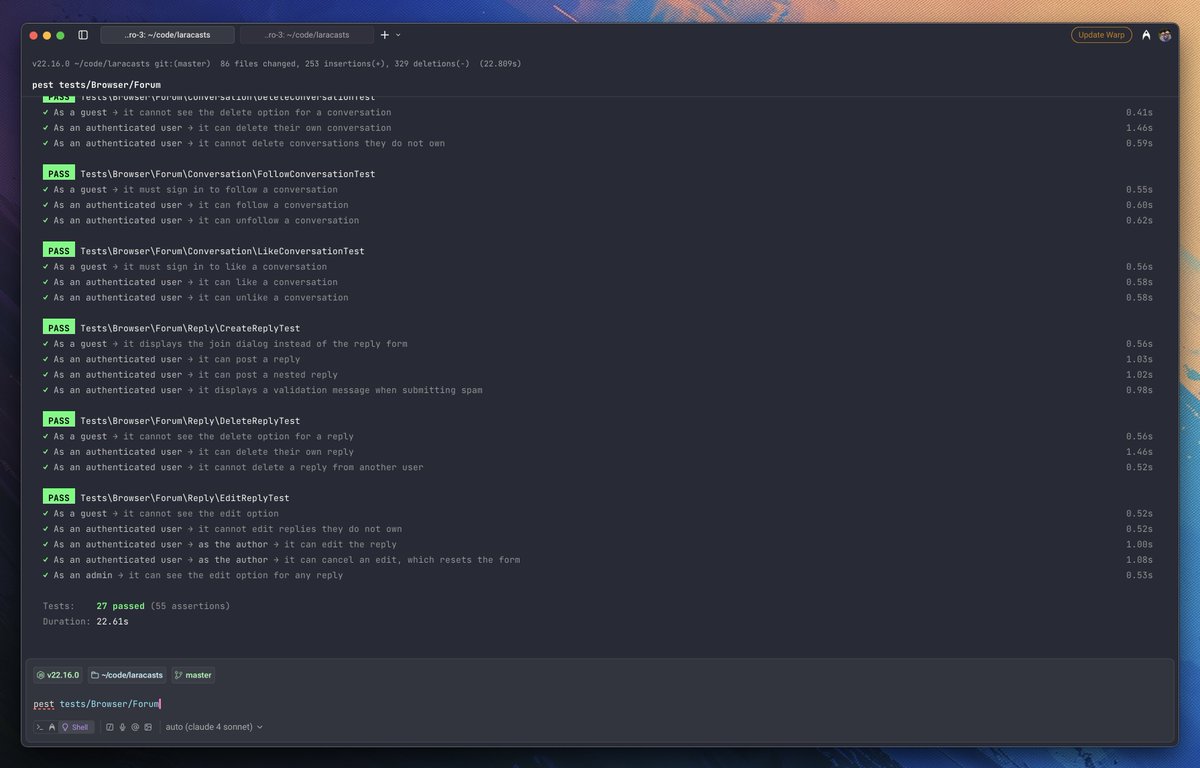 laracasts's tweet image. Pest 4 parallel browser testing really is a game-changer.
The ability to run dozens of tests against a real browser simultaneously is just ridiculous.