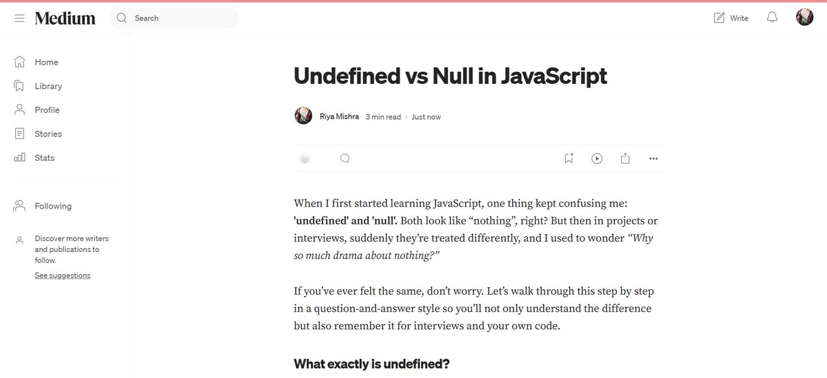 RiyaMishra0604's tweet image. Confused between undefined and null in JavaScript? You’re not alone.
In my latest Medium article, I explain the key differences, practical examples, and when to use each in your projects.
Check:medium.com/@mriya0619/und…
#JavaScript #WebDevelopment #CodingTips  #buildinpublic