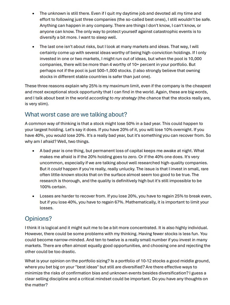aktieblogg's tweet image. A few thoughts on concentration, risks and portfolio sizing. My aim is to focus a bit more but there are clear risks that need to be mitigated. The questions is: How? And is 10-12 to few? Please feel free to read and comment! #investing