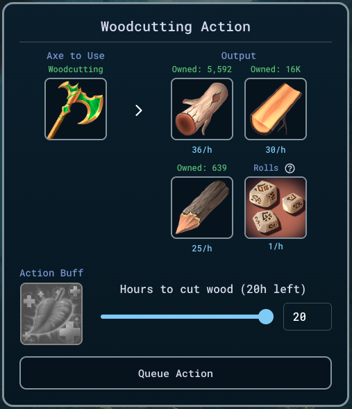 𝟰/ 𝗔𝗰𝘁𝗶𝗼𝗻𝘀 = 𝗽𝗿𝗼𝗴𝗿𝗲𝘀𝘀

Every action earns XP. 

For example:
Woodcutting → gain XP + logs (NFTs)

As you level up woodcutting, you can farm more rare logs. 

Each resource unlocks new actions and items.
