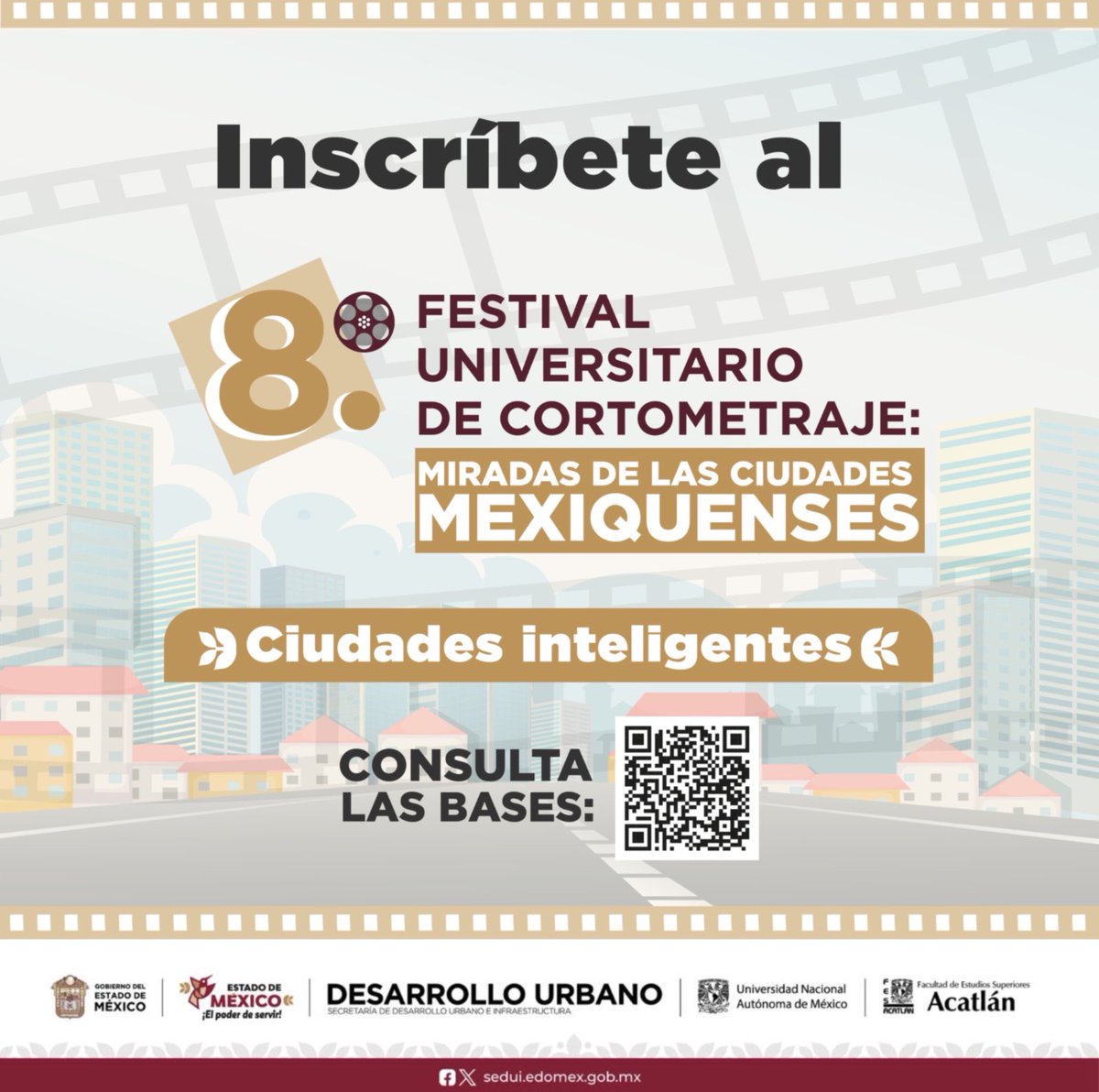 El <a href="/Edomex/">Gobierno del Estado de México</a>, a través de la <a href="/SEDUIEdomex/">Secretaría de Desarrollo Urbano e Infraestructura</a>, invita a la comunidad universitaria a participar en el 8° Festival Universitario de Cortometraje “Miradas de las Ciudades Mexiquenses”. Consulta la convocatoria en: sedui.edomex.gob.mx/convocatorias-…