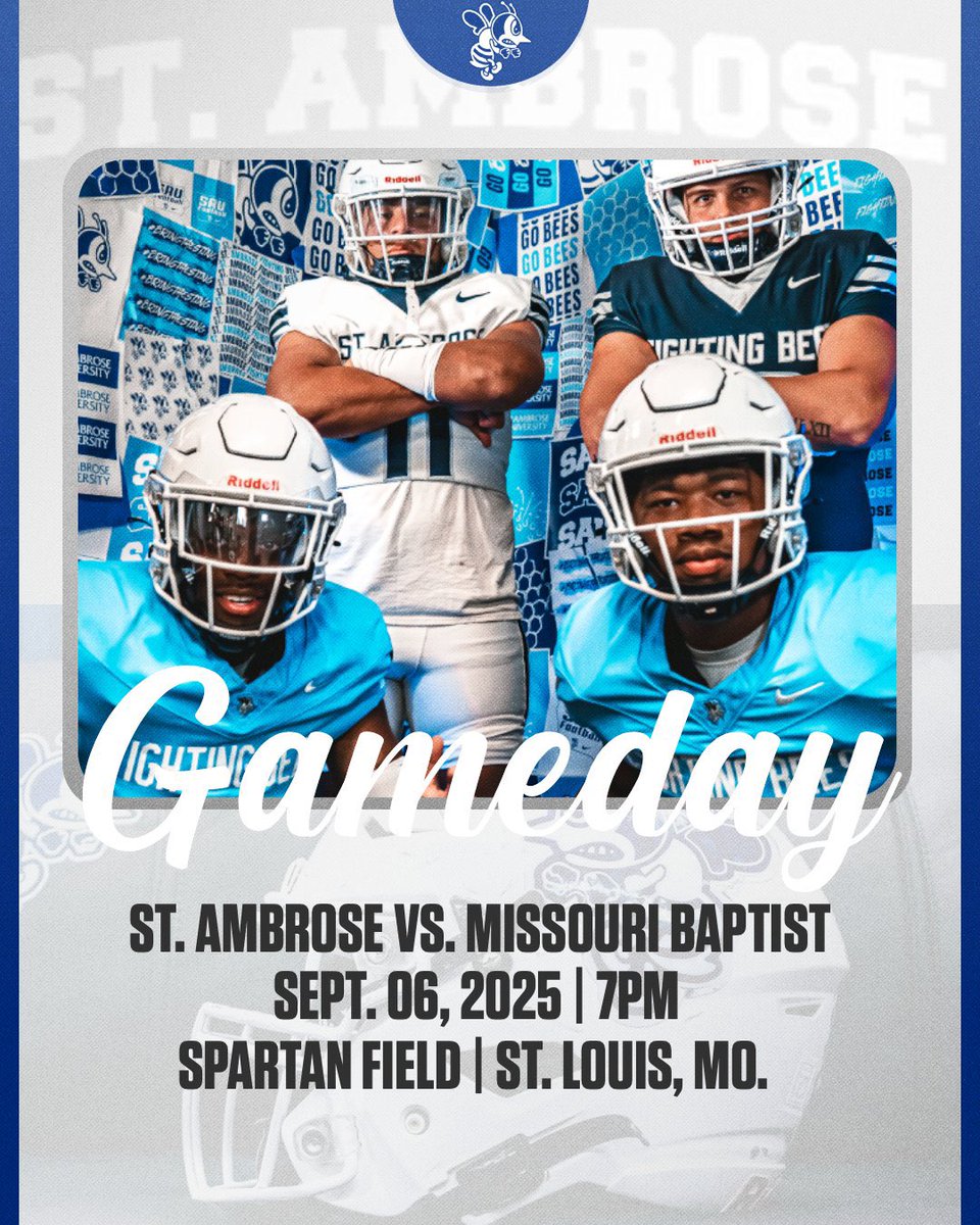 🔥 IT’S GAME DAY!! 🔥
🐝 St. Ambrose Fighting Bees

⚔️ at Missouri Baptist 
📍 St. Louis, Mo. | 🏟 Spartan Field
⏰ 7PM CST
🎥 Watch Live: shorturl.at/h6rQS

🐝🏈 #BringTheSting | #GoBees