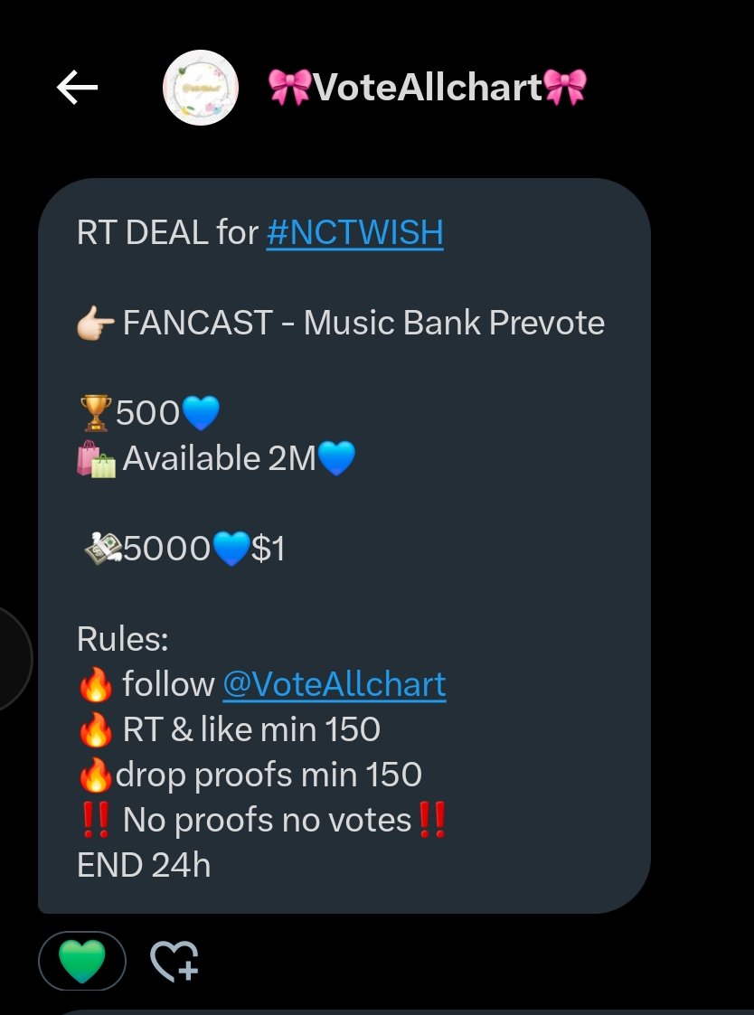RT DEAL for #NCTWISH 

👉🏻 FANCAST - Music Bank Prevote 

🏆500💙
🛍️ Available 2M💙

 💸5000💙$1

Rules:
🔥 follow <a href="/VoteAllchart/">🎀VoteAllchart🎀</a> 
🔥 RT &amp; like min 150
🔥drop proofs min 150
‼️ No proofs no votes‼️
END 24h